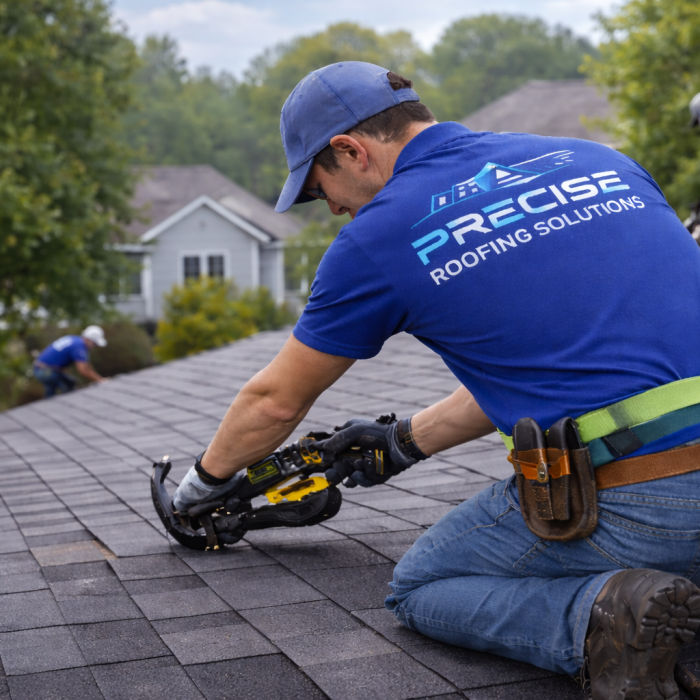 Roofing professional from Precise Roofing Solutions using a nail gun on a residential roof, emphasizing expert roof replacement services in Houston.