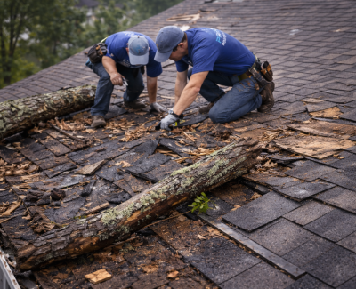 Roofing professionals removing damaged shingles and debris from a roof, emphasizing expert roof replacement services in Houston and surrounding areas.