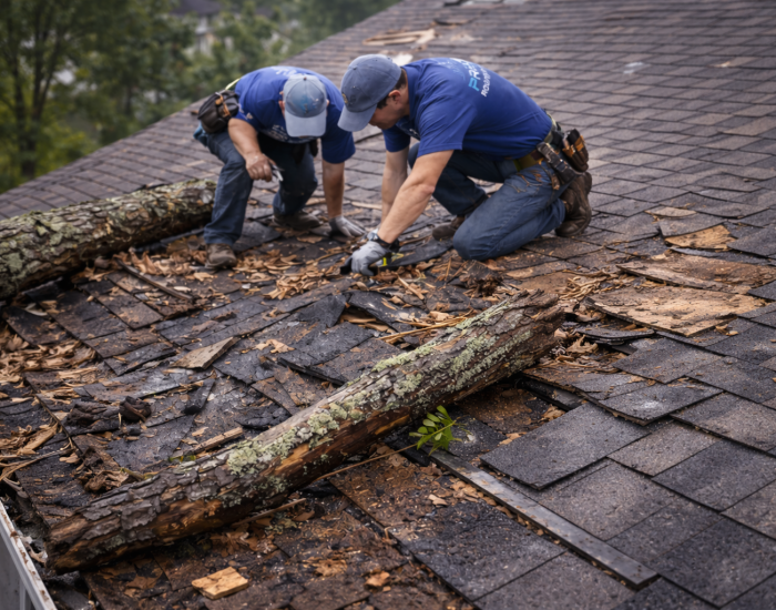 Two roofing professionals removing damaged shingles and debris from a residential roof, with fallen tree branches and leaves visible, illustrating roof repair services by Precise Roofing Systems.