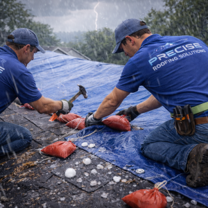 Two roofing professionals from Precise Roofing Solutions securing a tarp on a roof during a storm, with rain and hail visible, highlighting the importance of timely roof inspections and maintenance.