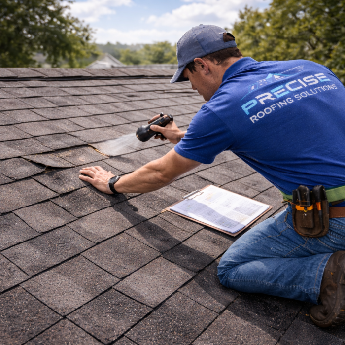 Professional roofer inspecting shingles on a roof, wearing a blue "Precise Roofing Solutions" shirt, with a clipboard and tool belt, emphasizing thorough roof inspection services in Houston.