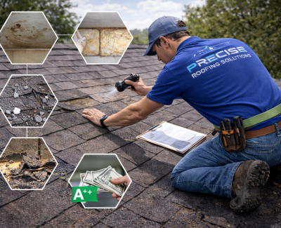 Roof inspection by a professional from Precise Roofing Solutions, examining shingles for damage, with visuals of roof issues and an A++ rating symbol, highlighting the importance of thorough inspections for property protection.