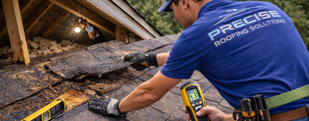 Roof inspector from Precise Roofing Solutions assessing roof condition, using moisture meter and level tool, revealing damage and structural integrity issues.