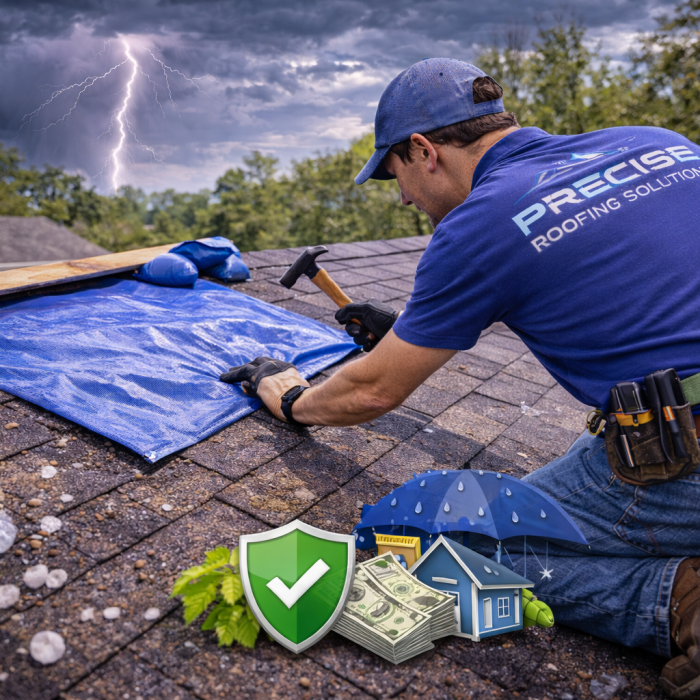 Roofing professional from Precise Roofing Solutions applying a blue tarp for storm damage protection on a residential roof, with stormy skies and lightning in the background, emphasizing emergency roofing services in Houston.