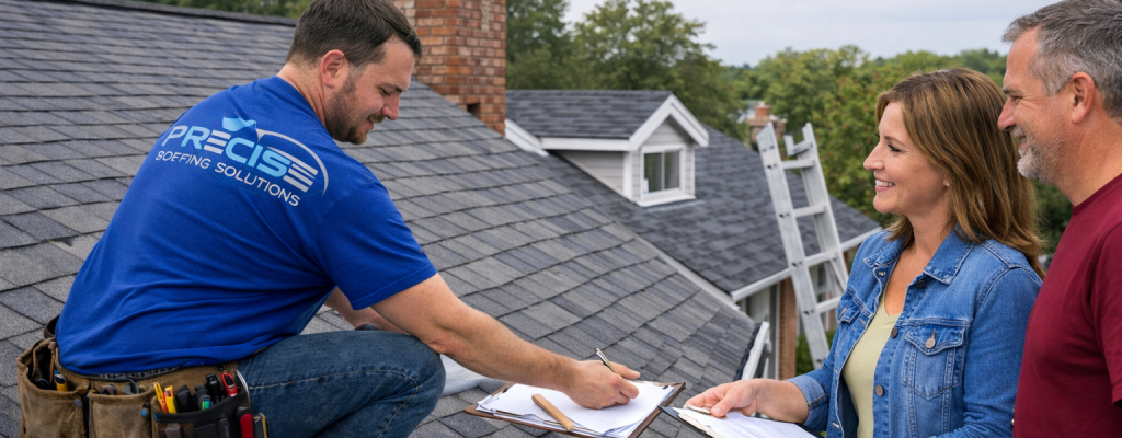 Roofing professional from Precise Roofing Solutions inspecting shingles with homeowners, discussing roof repair and replacement options.