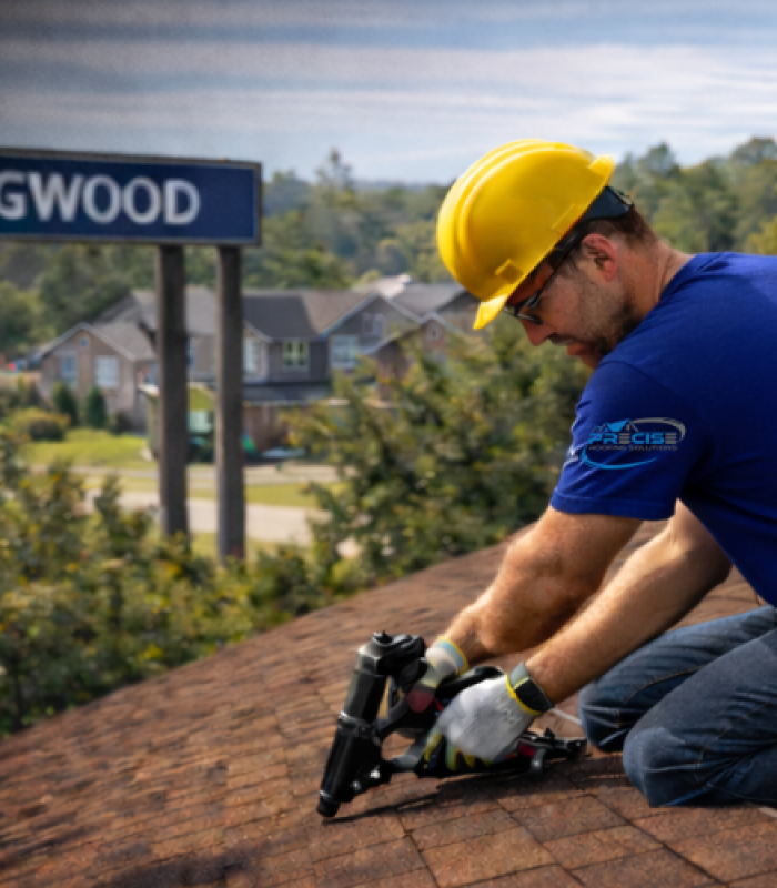 Roofing contractor from Precise Roofing Systems using a nail gun on a residential roof, with a street sign in the background indicating "HIGWOOD," showcasing expertise in commercial roof repair and installation services in Houston, TX.