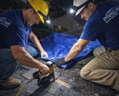 Two roofers from Precise Roofing Solutions working on a damaged roof, using a nail gun and securing a blue tarp to prevent further water damage during an emergency repair.