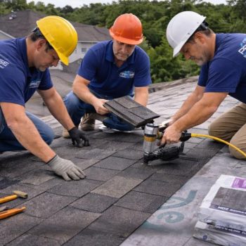Three roofing professionals in hard hats working on a commercial roof installation, using tools and materials for shingle placement, emphasizing expert commercial roofing services.
