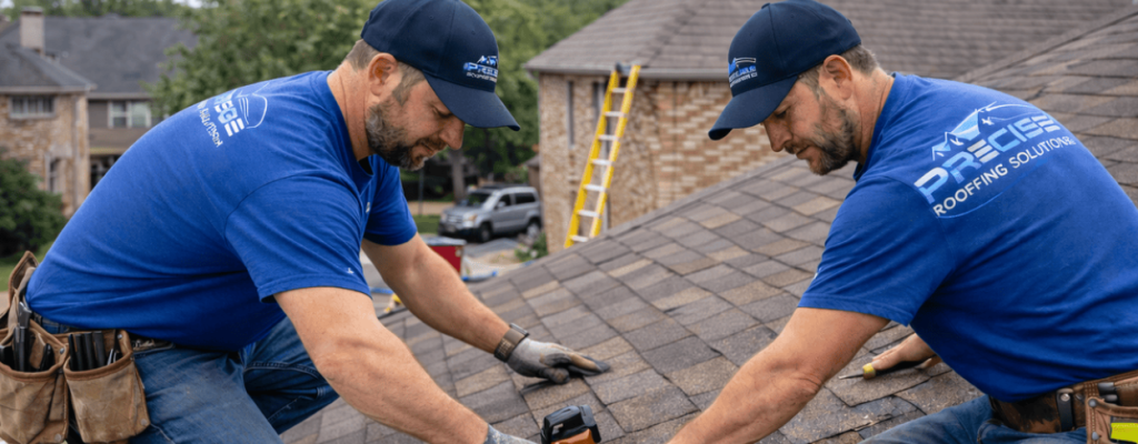 Two roofing professionals from Precise Roofing Solutions performing roof repairs on a residential property, emphasizing quality workmanship and expertise in roofing services.