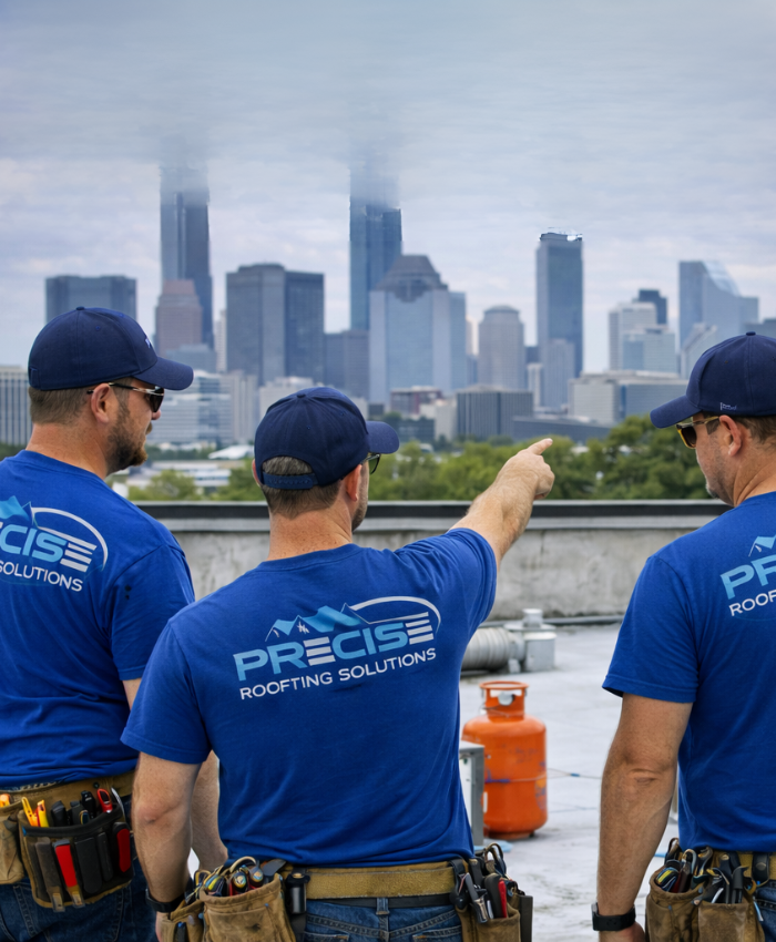 Three roofing professionals in blue "Precise Roofing Solutions" shirts discussing a project on a rooftop with a city skyline in the background, emphasizing emergency roof repair services in Houston.