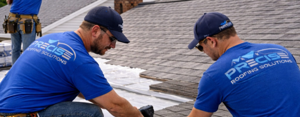 Two roofers from Precise Roofing Solutions working on shingle installation, showcasing teamwork and expertise in roof repair services.