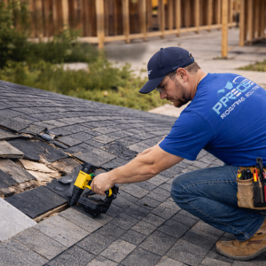 Roofing contractor repairing damaged shingles on a residential roof, showcasing expert roof repair services by Precise Roofing Solutions in Texas.