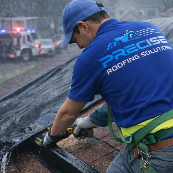 Worker from Precise Roofing Solutions repairing a roof during rain, showcasing emergency roofing services in action.