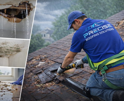 Roof repair by Precise Roofing Solutions, showing contractor removing damaged shingles, water leakage, mold on ceiling, and wet interior walls, emphasizing urgent roof repair services in Houston and surrounding areas.